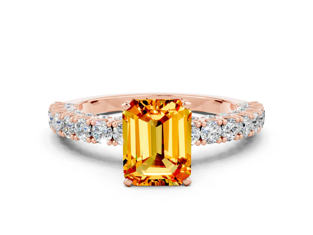 Rose gold Emerald Cut Diamond Pavé Band Solitaire Ring with Prong Setting