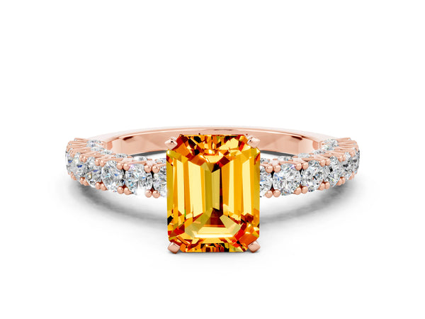 Rose gold Emerald Cut Diamond Pavé Band Solitaire Ring with Prong Setting