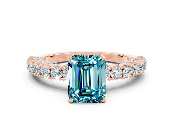 Rose gold Emerald Cut Diamond Pavé Band Solitaire Ring with Prong Setting