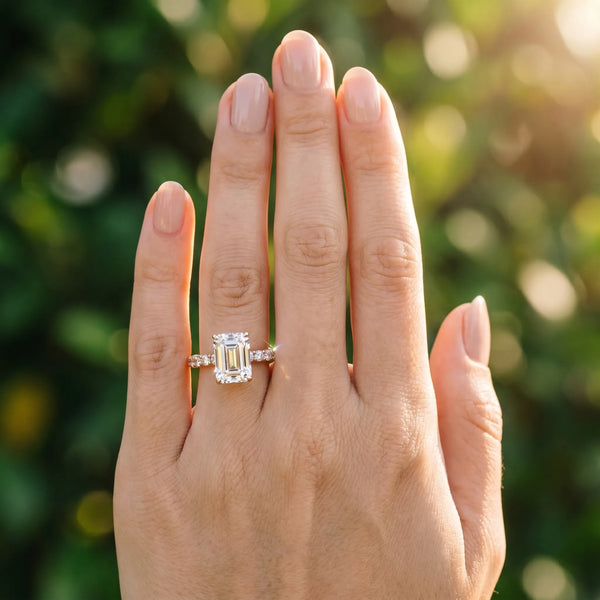 Rose gold Emerald Cut Diamond Pavé Band Solitaire Ring with Prong Setting