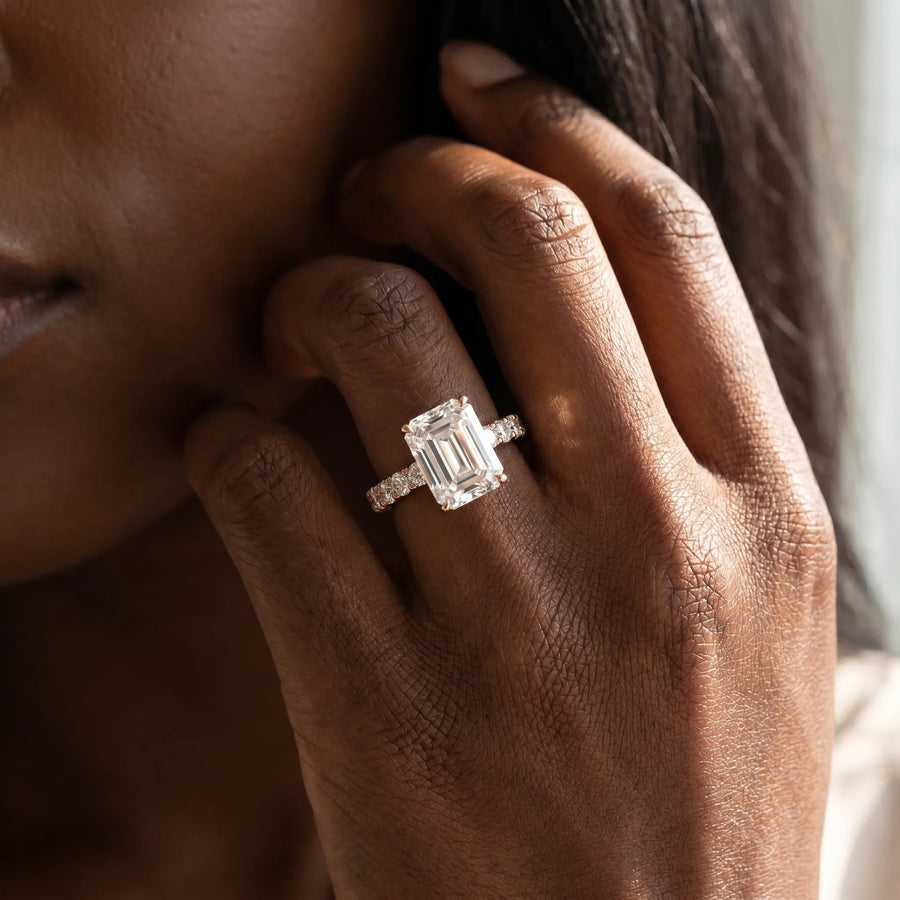 Rose gold Emerald Cut Diamond Pavé Band Solitaire Ring with Prong Setting