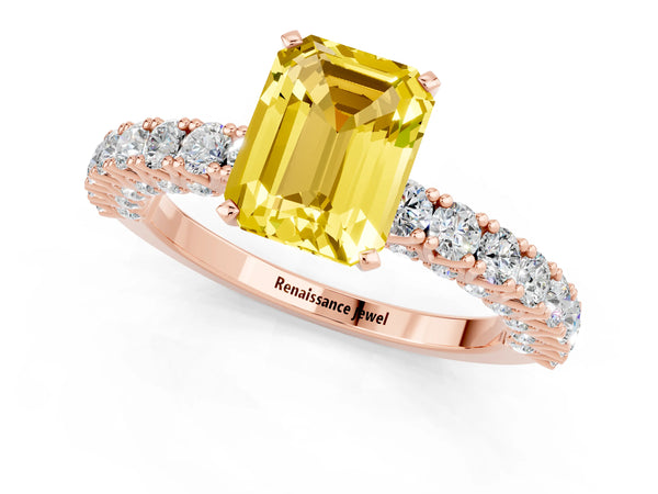 Rose gold Emerald Cut Diamond Pavé Band Solitaire Ring with Prong Setting