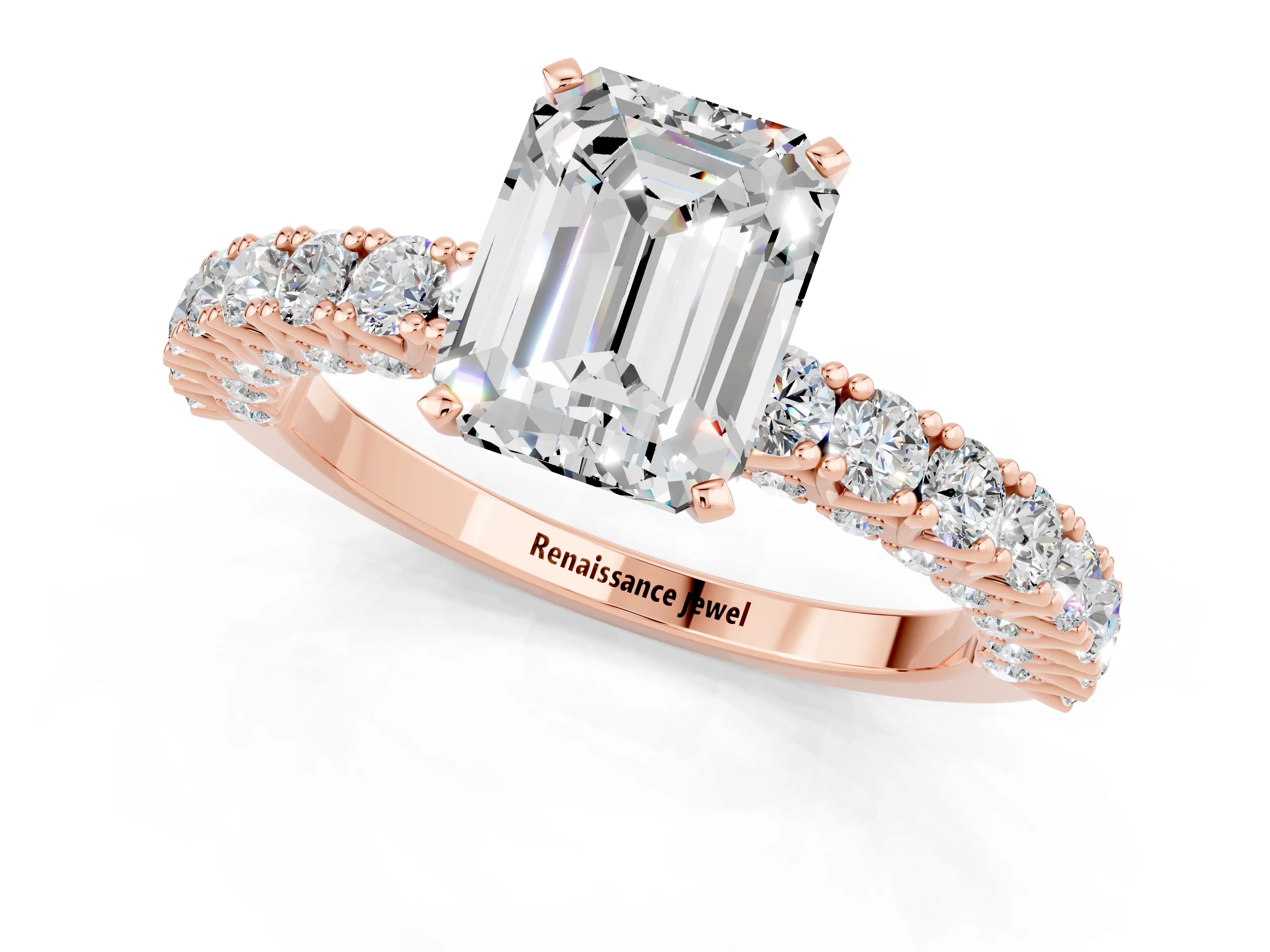 Rose gold Emerald Cut Diamond Pavé Band Solitaire Ring with Prong Setting_1