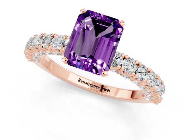 Rose gold Emerald Cut Amethyst Solitaire Ring with Round Accent Pavé Band and Prong Setting