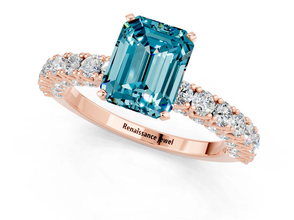 Rose gold Emerald Cut Diamond Pavé Band Solitaire Ring with Prong Setting