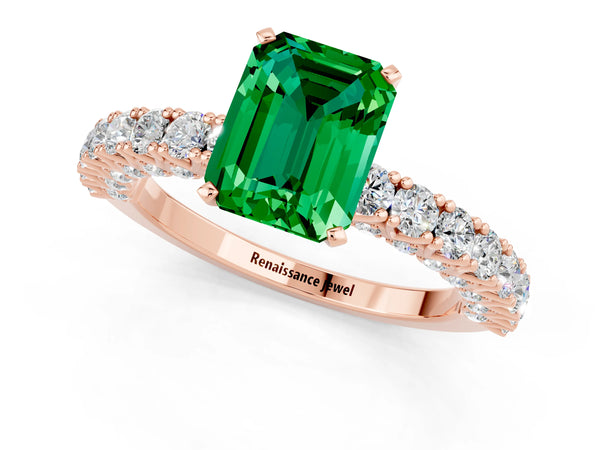 Rose gold Emerald Cut Diamond Pavé Band Solitaire Ring with Prong Setting