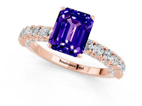 Rose gold Emerald Cut Diamond Pavé Band Solitaire Ring with Prong Setting_1