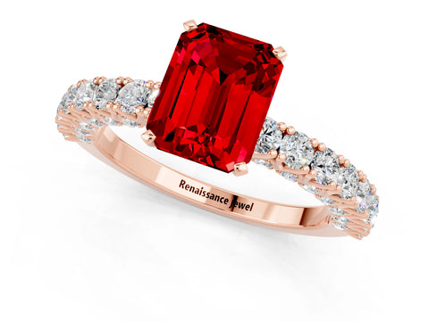 Rose gold Emerald Cut Diamond Pavé Band Solitaire Ring with Prong Setting_1