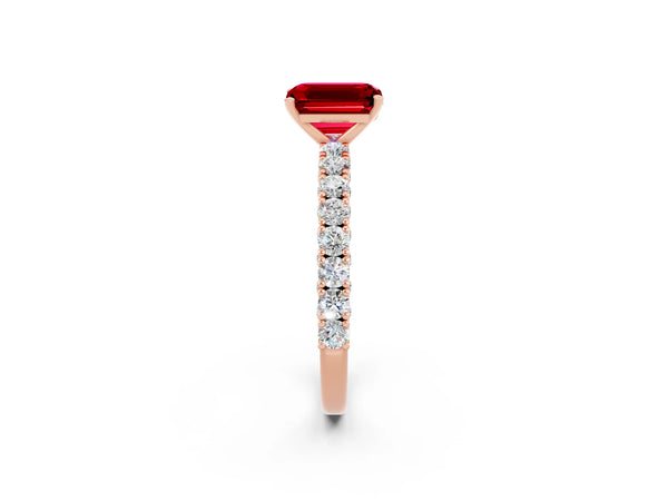Rose gold Emerald Cut Diamond Pavé Band Solitaire Ring with Prong Setting