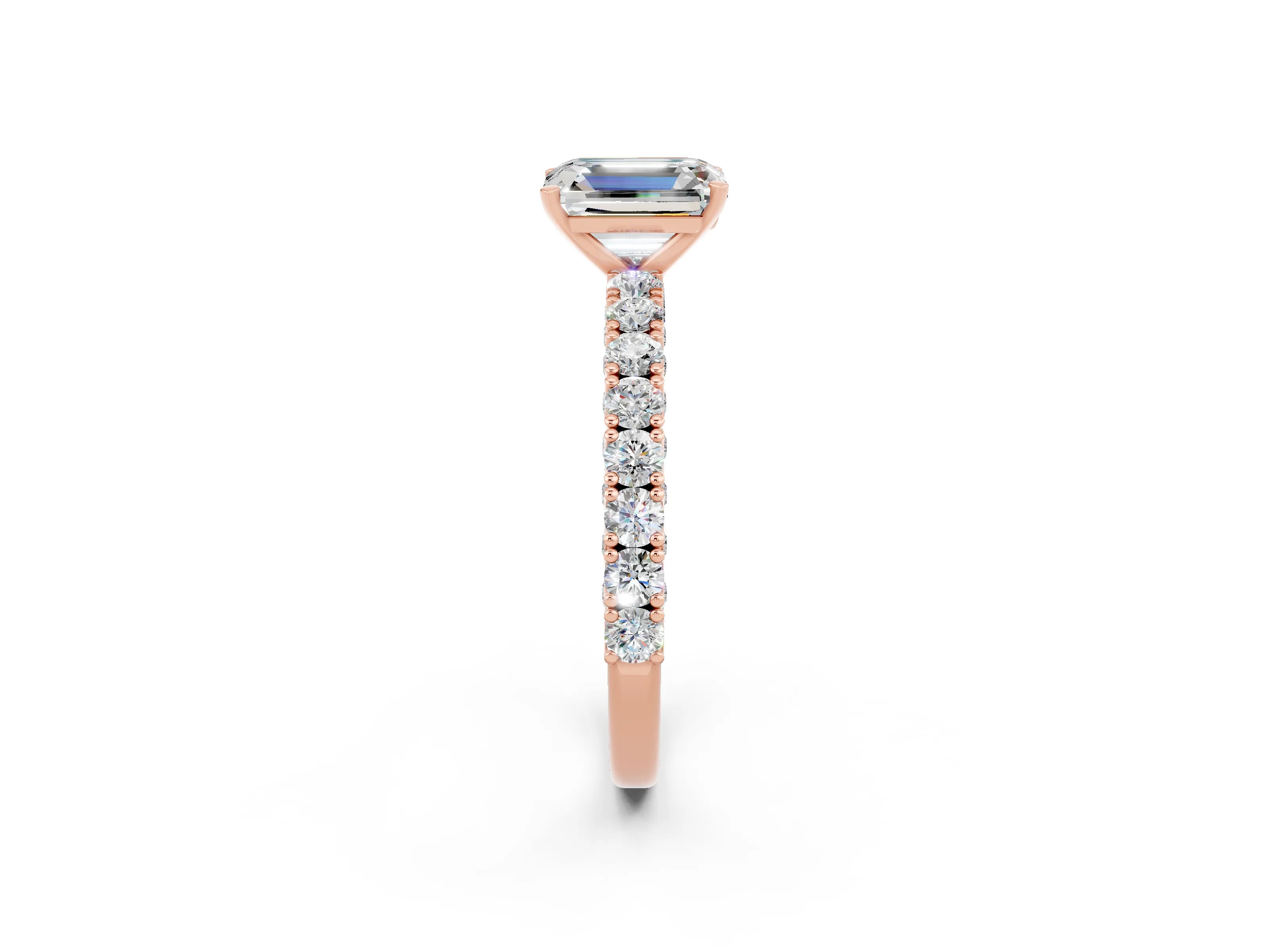 Rose gold Emerald Cut Diamond Pavé Band Solitaire Ring with Prong Setting_2