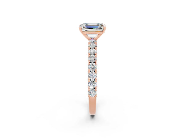Rose gold Emerald Cut Diamond Pavé Band Solitaire Ring with Prong Setting