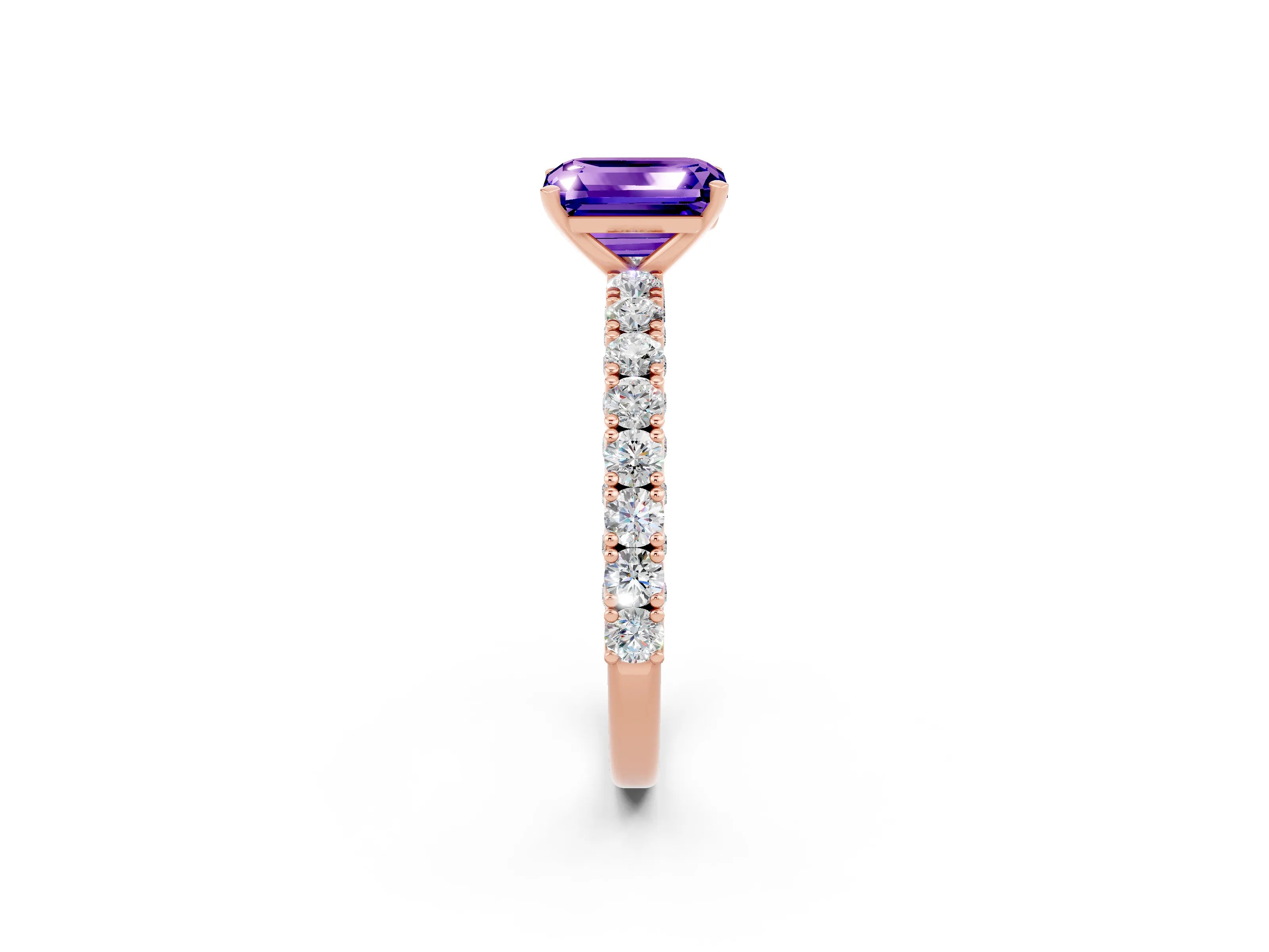 Rose gold Emerald Cut Diamond Pavé Band Solitaire Ring with Prong Setting_2