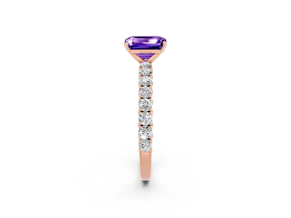 Rose gold Emerald Cut Diamond Pavé Band Solitaire Ring with Prong Setting