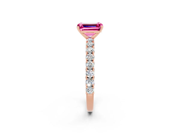 Rose gold Emerald Cut Diamond Pavé Band Solitaire Ring with Prong Setting