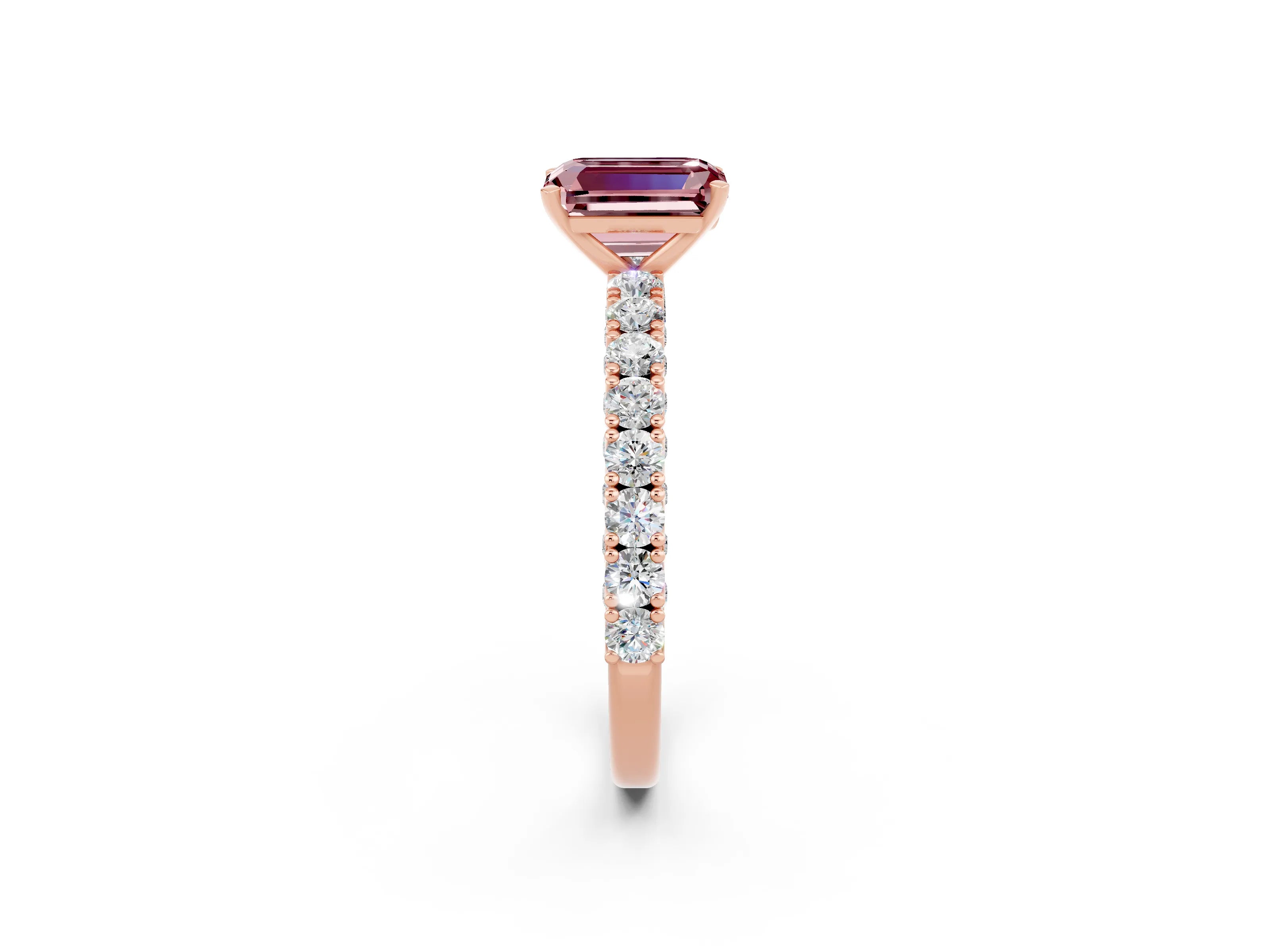 Rose gold Emerald Cut Diamond Pavé Band Solitaire Ring with Prong Setting_2