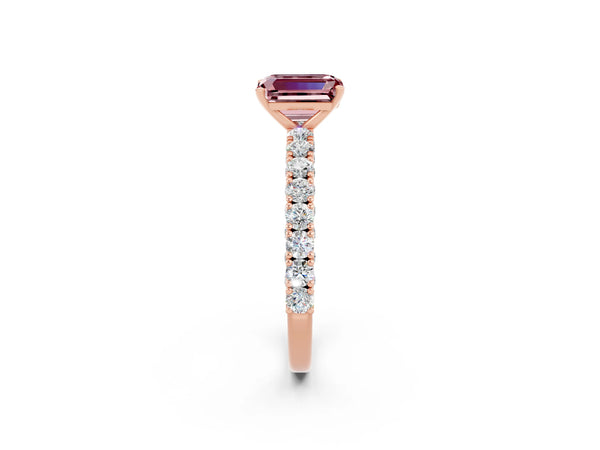 Rose gold Emerald Cut Diamond Pavé Band Solitaire Ring with Prong Setting