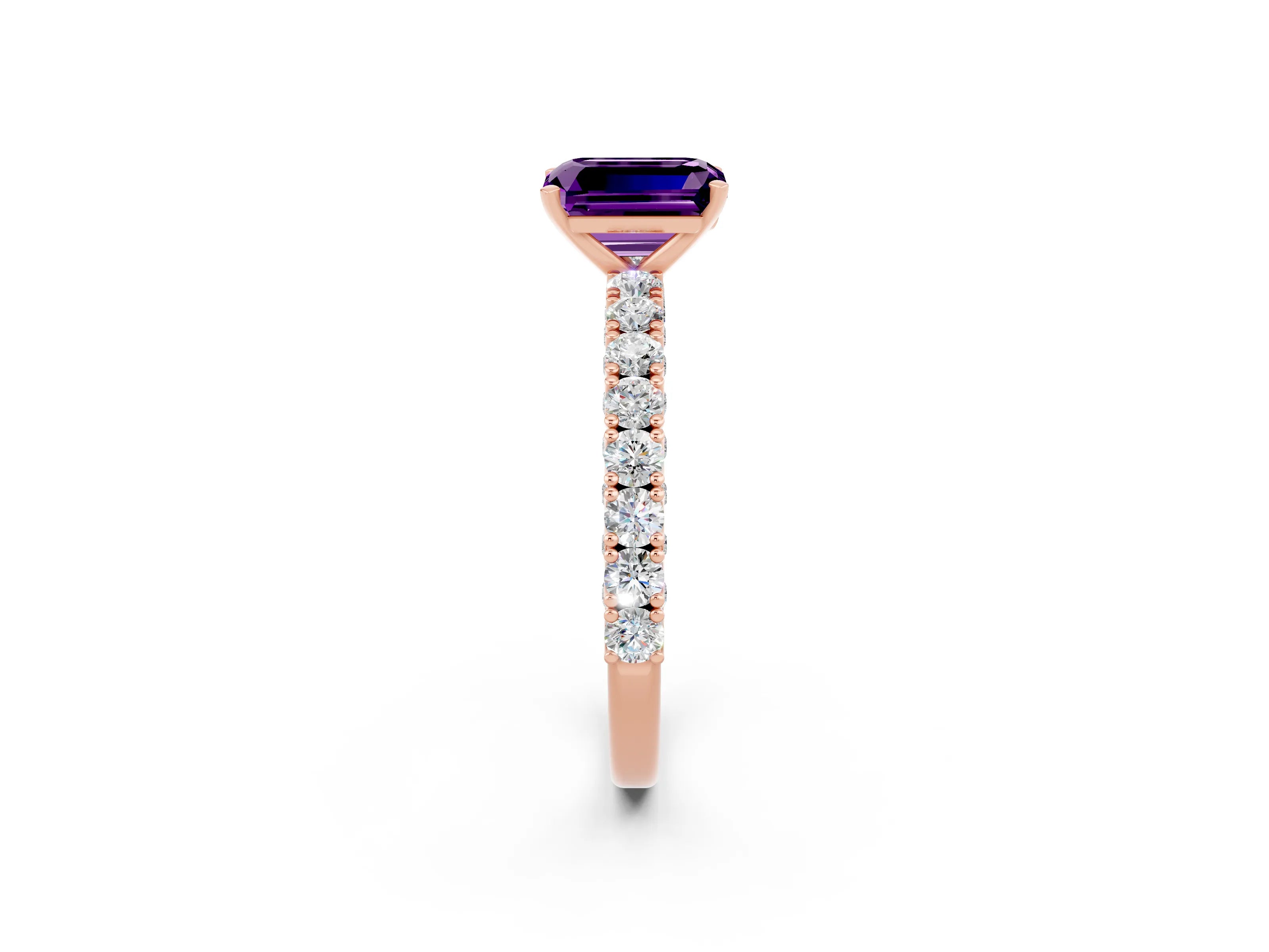 Rose gold Emerald Cut Diamond Pavé Band Solitaire Ring with Prong Setting_2