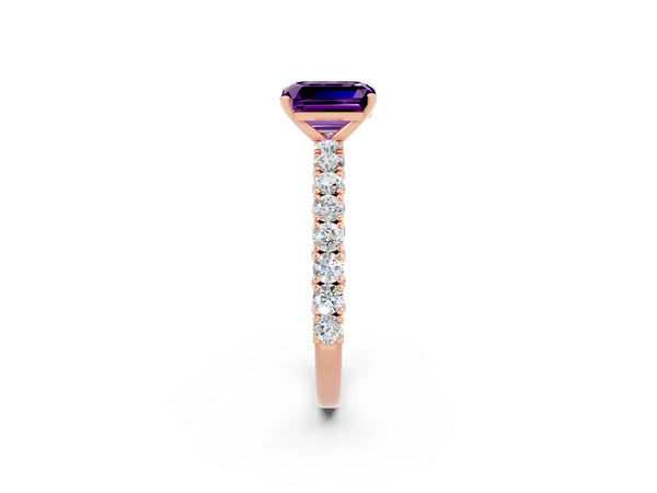 Rose gold Emerald Cut Amethyst Solitaire Ring with Round Accent Pavé Band and Prong Setting