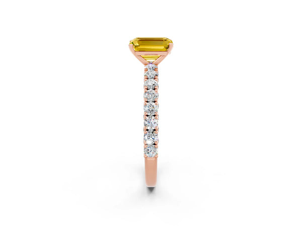 Rose gold Emerald Cut Diamond Pavé Band Solitaire Ring with Prong Setting