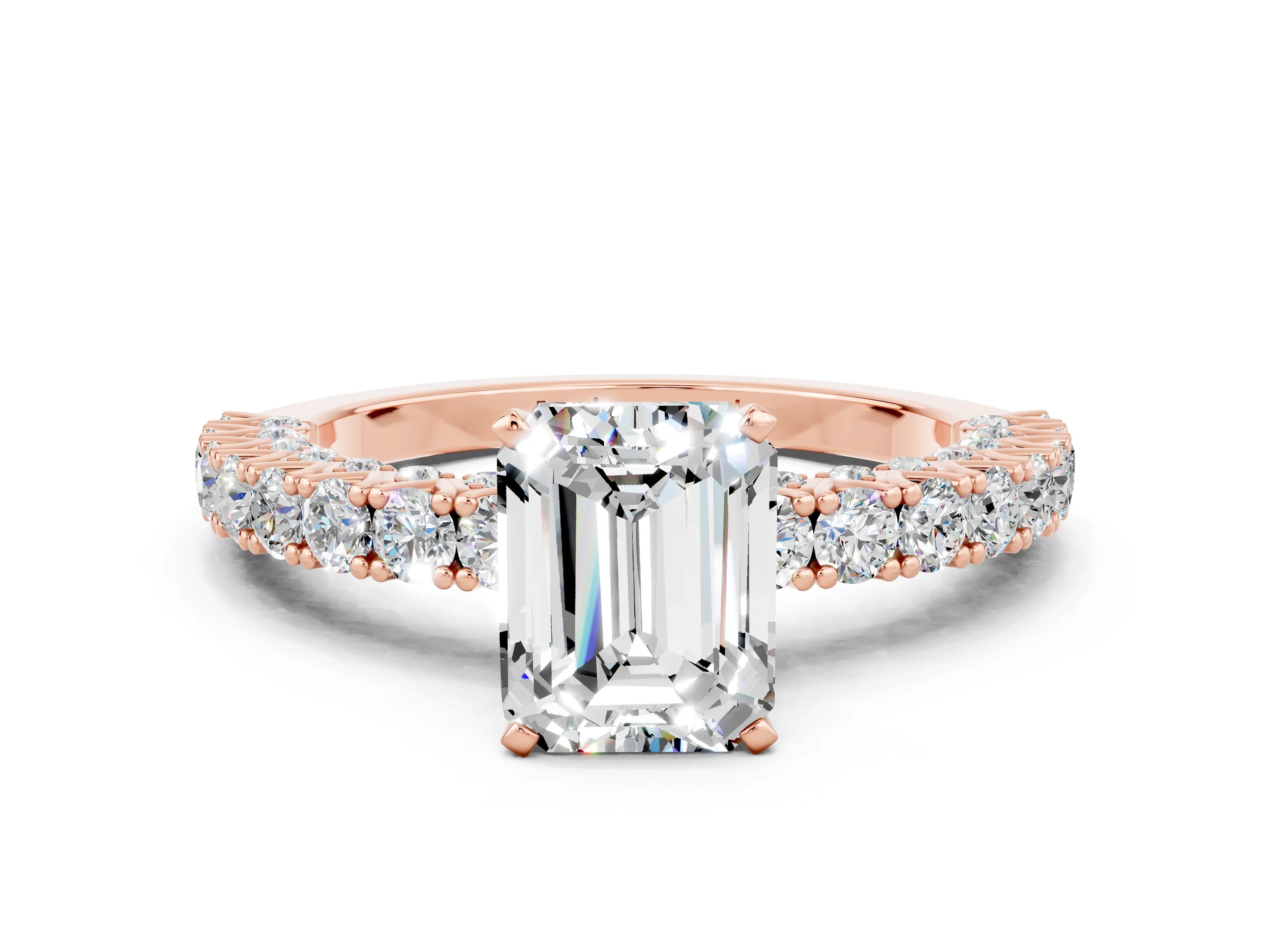 Rose gold Emerald Cut Diamond Pavé Band Solitaire Ring with Prong Setting