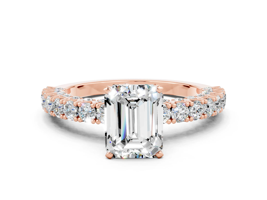Rose gold Emerald Cut Diamond Pavé Band Solitaire Ring with Prong Setting
