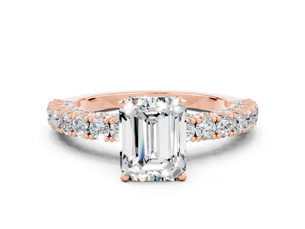 Rose gold Emerald Cut Diamond Pavé Band Solitaire Ring with Prong Setting