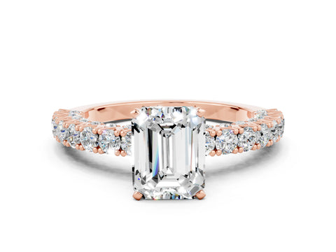 Rose gold Emerald Cut Diamond Pavé Band Solitaire Ring with Prong Setting