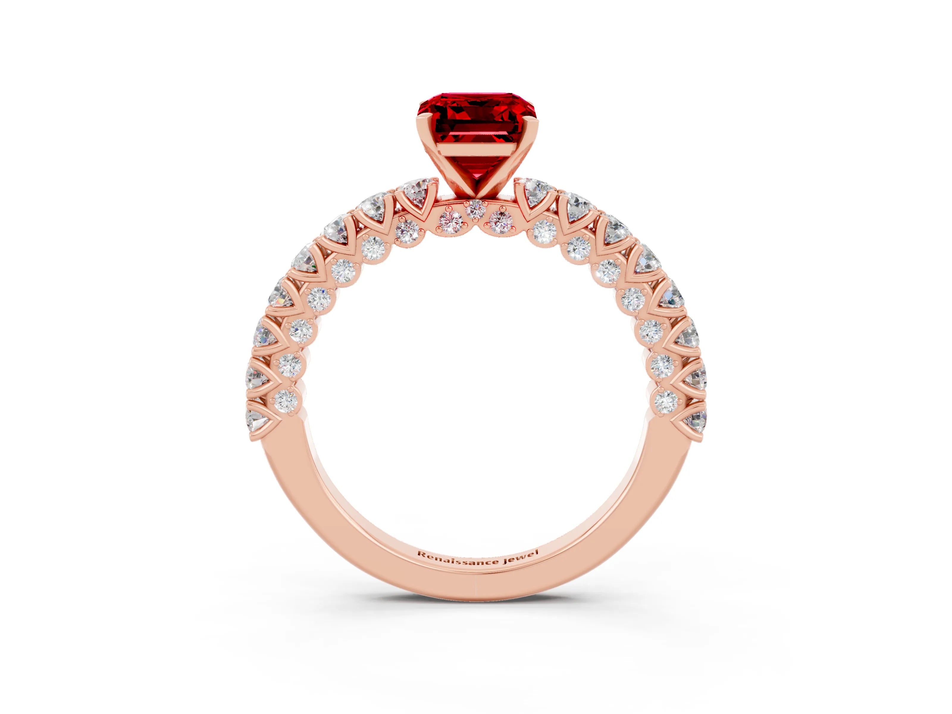 Rose gold Emerald Cut Diamond Pavé Band Solitaire Ring with Prong Setting_3