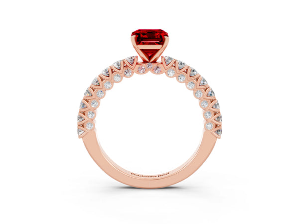 Rose gold Emerald Cut Diamond Pavé Band Solitaire Ring with Prong Setting