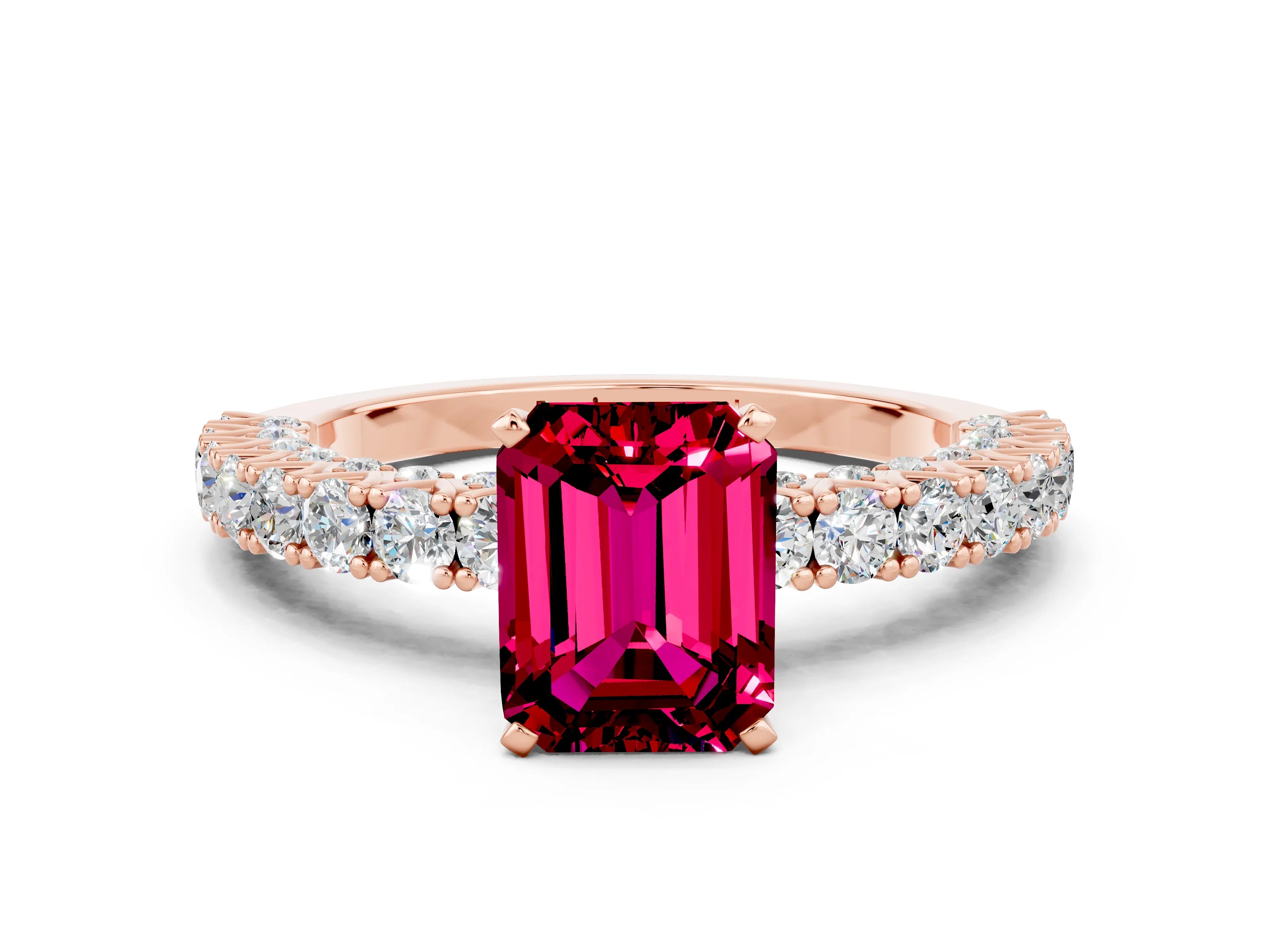 Rose gold Emerald Cut Diamond Pavé Band Solitaire Ring with Prong Setting