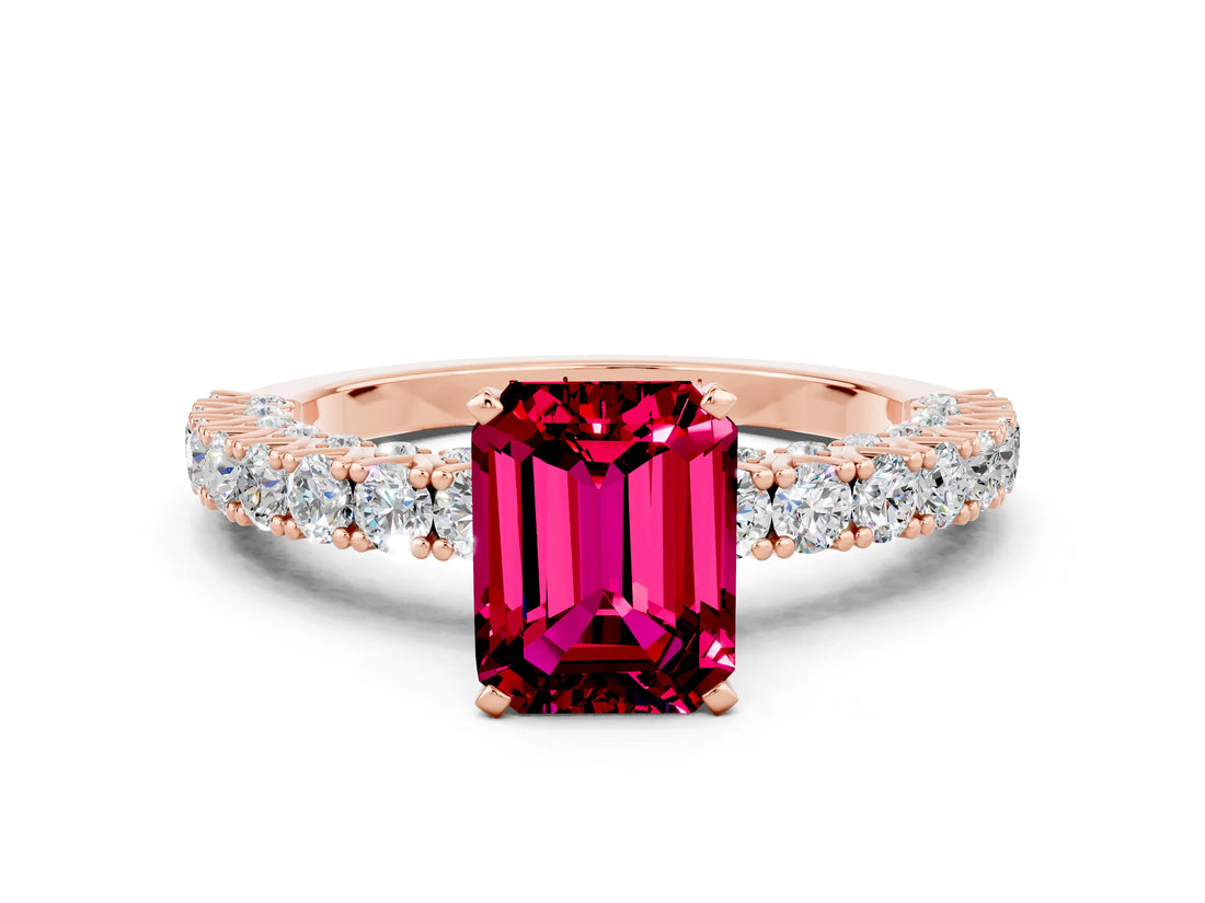 Rose gold Emerald Cut Diamond Pavé Band Solitaire Ring with Prong Setting