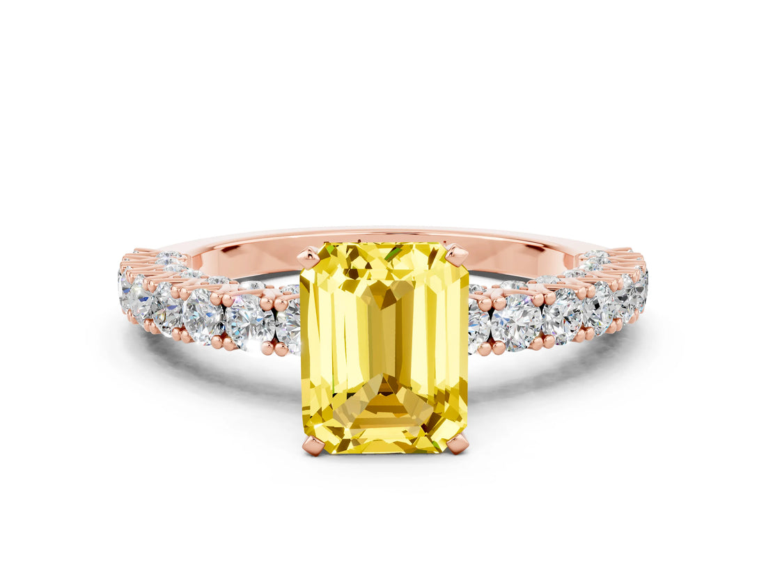 Rose gold Emerald Cut Diamond Pavé Band Solitaire Ring with Prong Setting