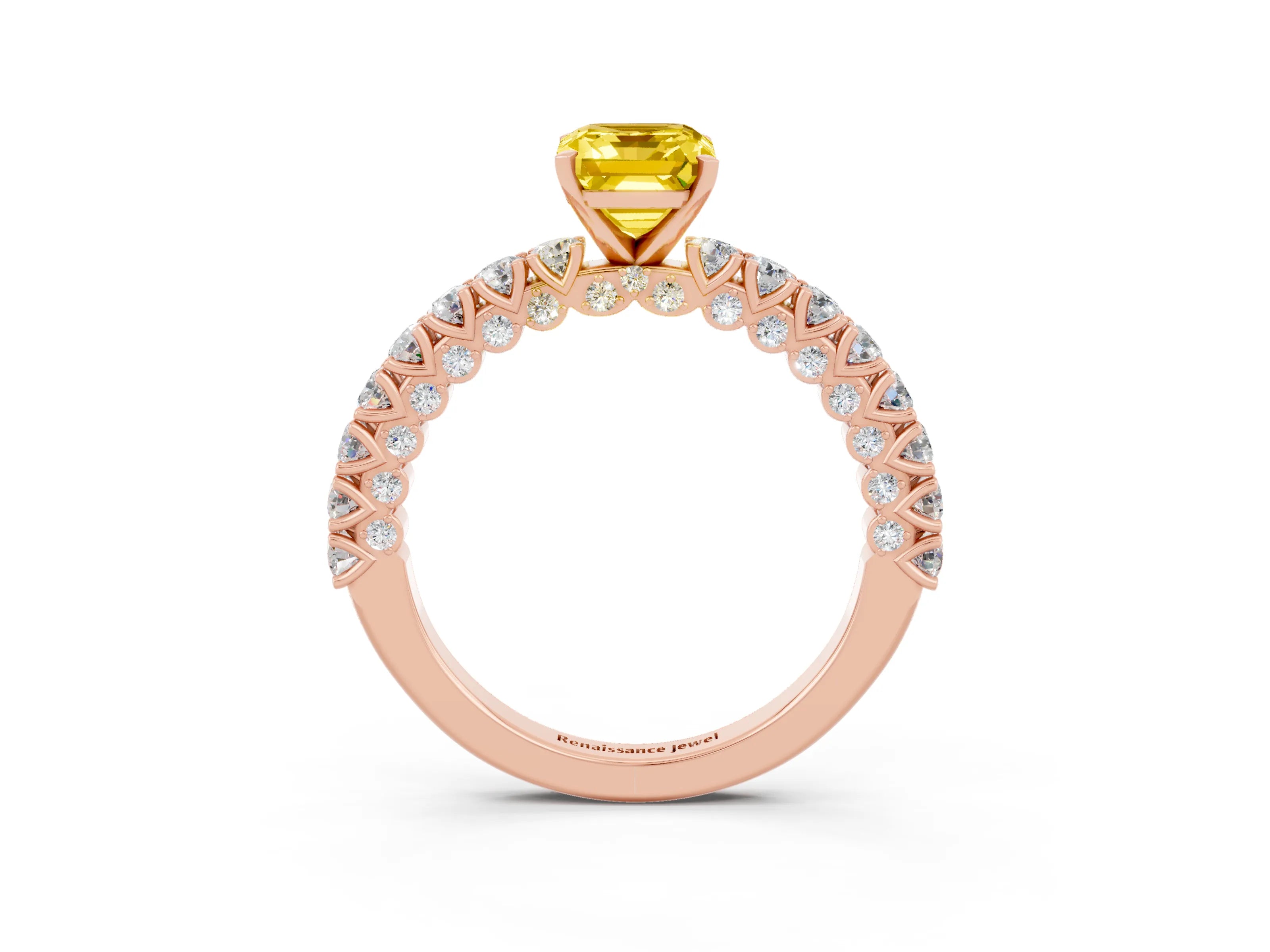 Rose gold Emerald Cut Diamond Pavé Band Solitaire Ring with Prong Setting_3