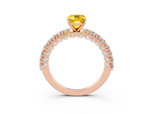 Rose gold Emerald Cut Diamond Pavé Band Solitaire Ring with Prong Setting