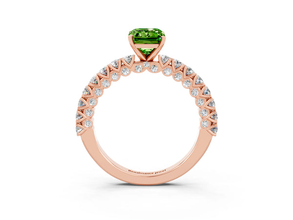 Rose gold Emerald Cut Diamond Pavé Band Solitaire Ring with Prong Setting