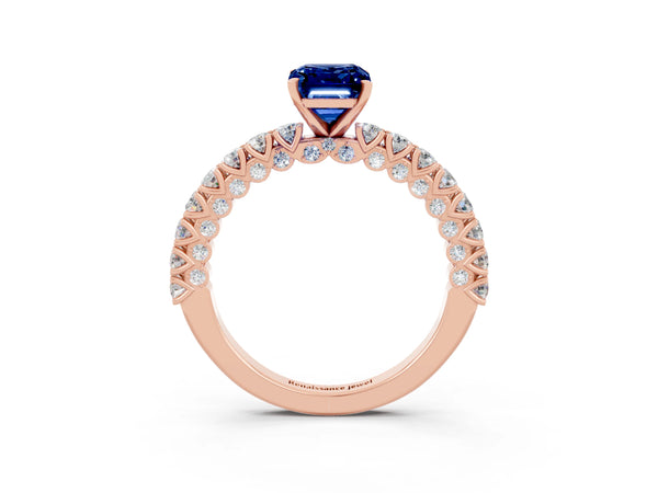 Rose gold Emerald Cut Diamond Pavé Band Solitaire Ring with Prong Setting
