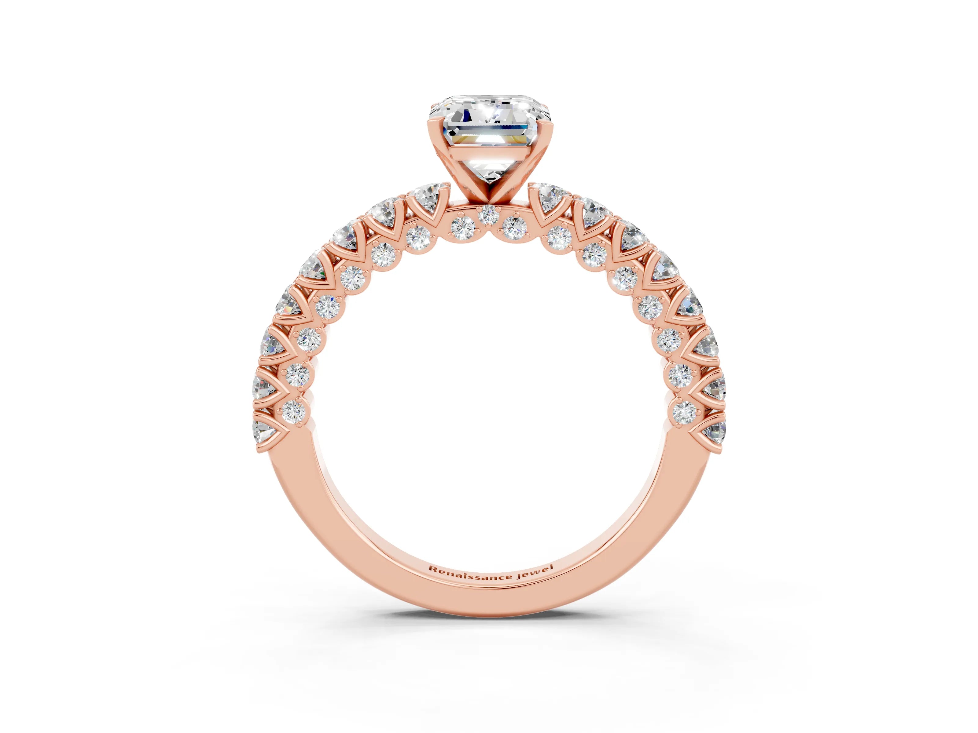 Rose gold Emerald Cut Diamond Pavé Band Solitaire Ring with Prong Setting_3