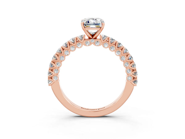 Rose gold Emerald Cut Diamond Pavé Band Solitaire Ring with Prong Setting