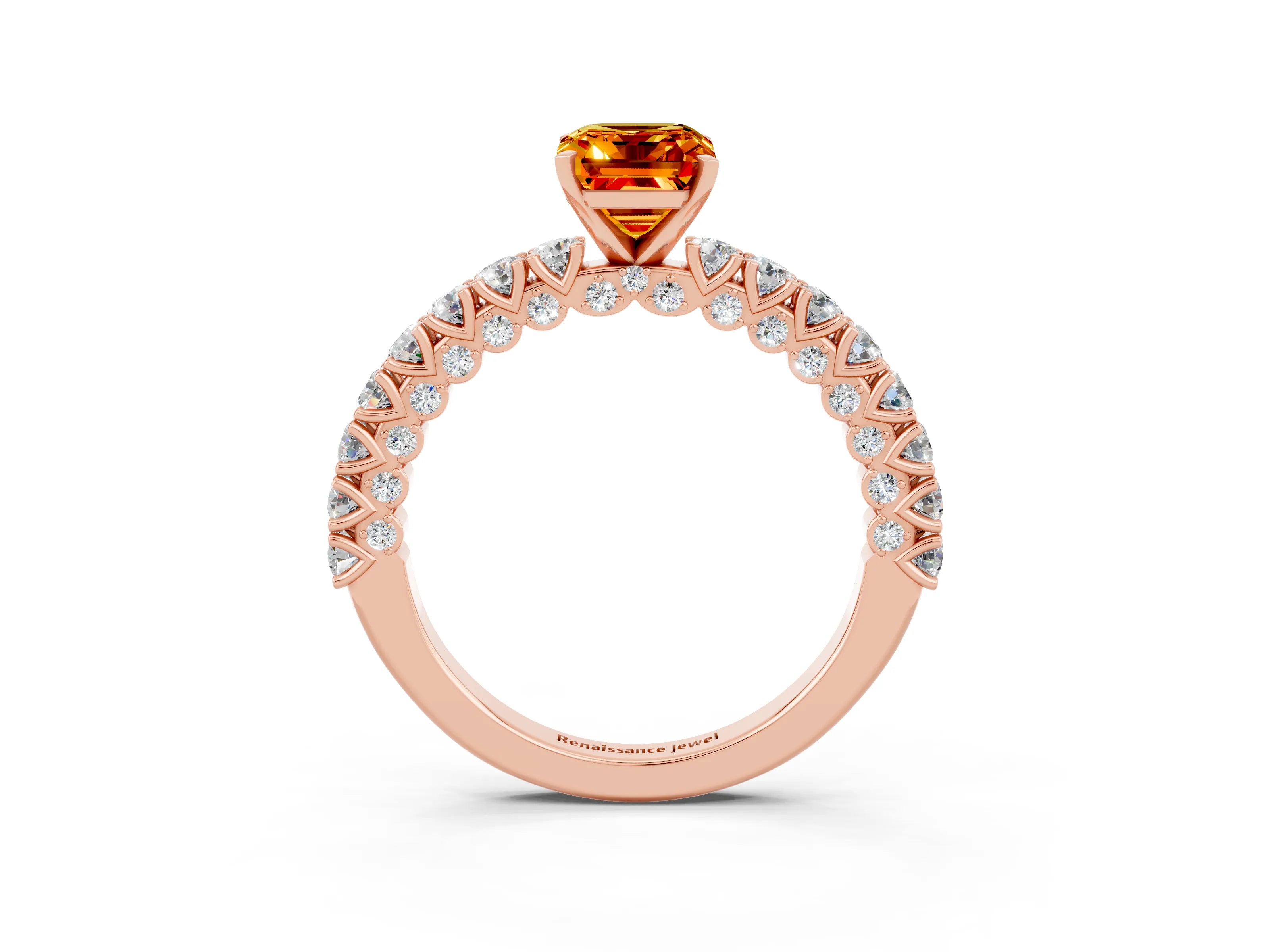 Rose gold Emerald Cut Diamond Pavé Band Solitaire Ring with Prong Setting_3