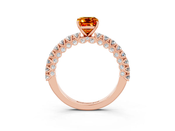Rose gold Emerald Cut Diamond Pavé Band Solitaire Ring with Prong Setting
