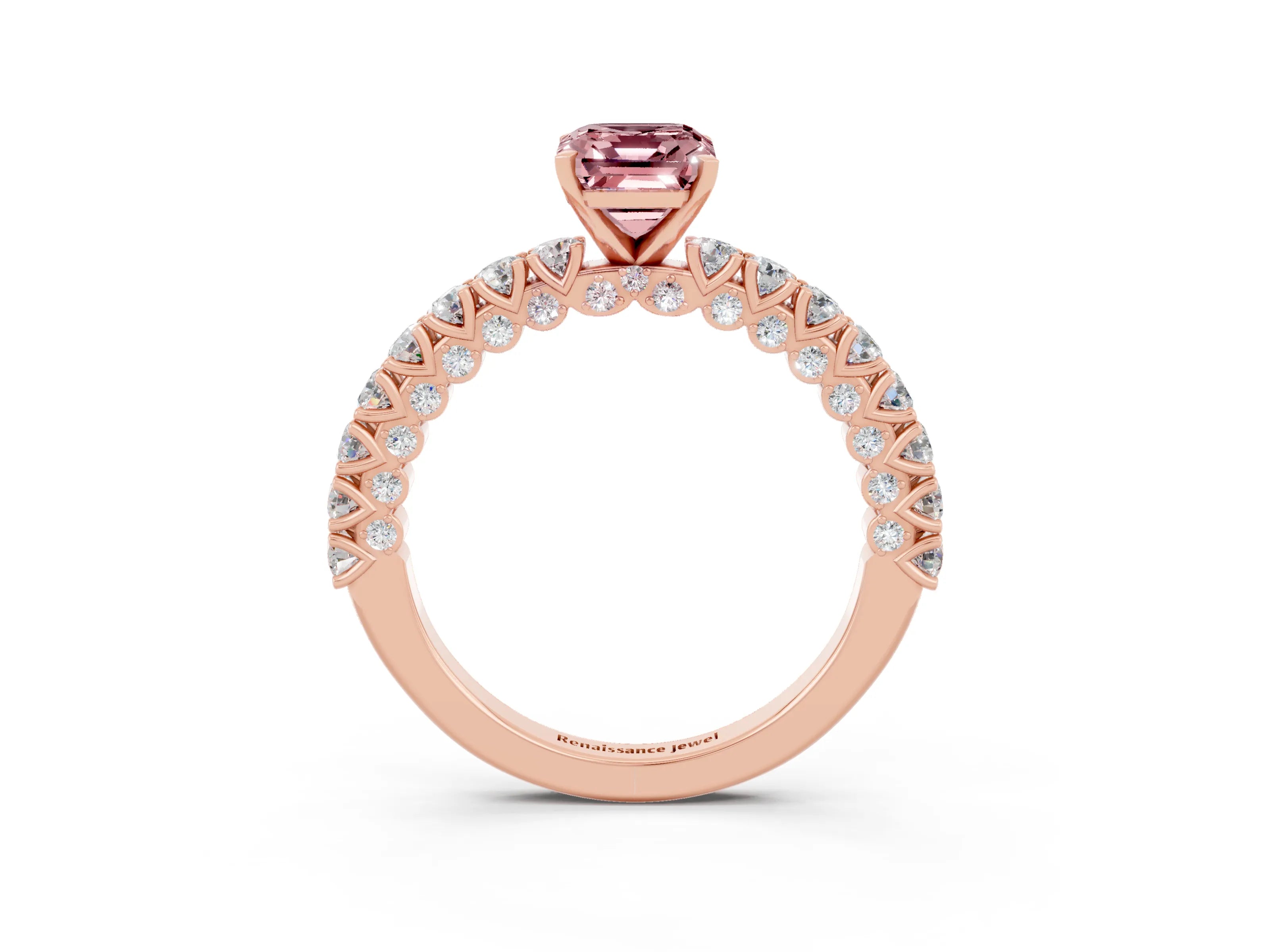 Rose gold Emerald Cut Diamond Pavé Band Solitaire Ring with Prong Setting_3