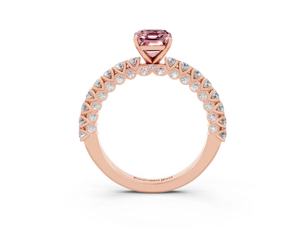 Rose gold Emerald Cut Diamond Pavé Band Solitaire Ring with Prong Setting
