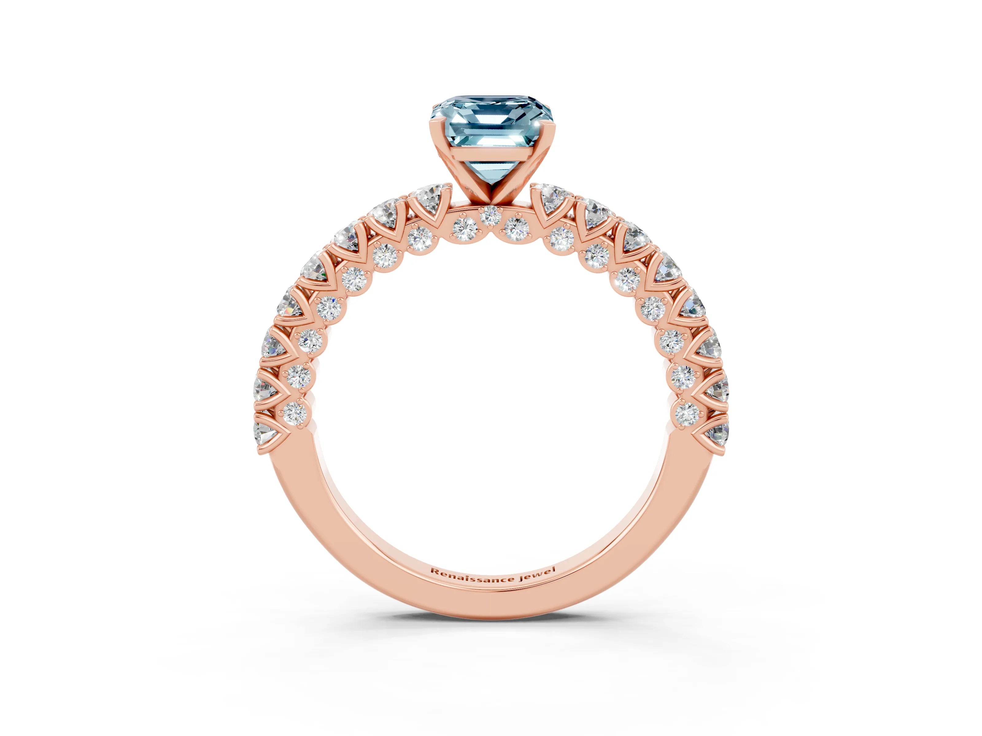 Rose gold Emerald Cut Diamond Pavé Band Solitaire Ring with Prong Setting_3