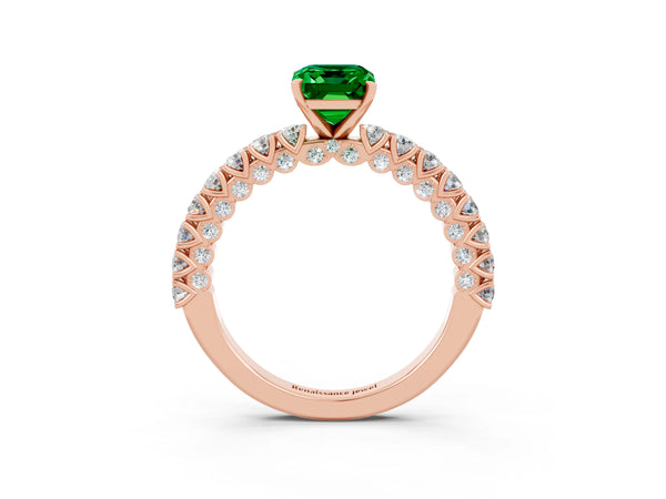 Rose gold Emerald Cut Diamond Pavé Band Solitaire Ring with Prong Setting