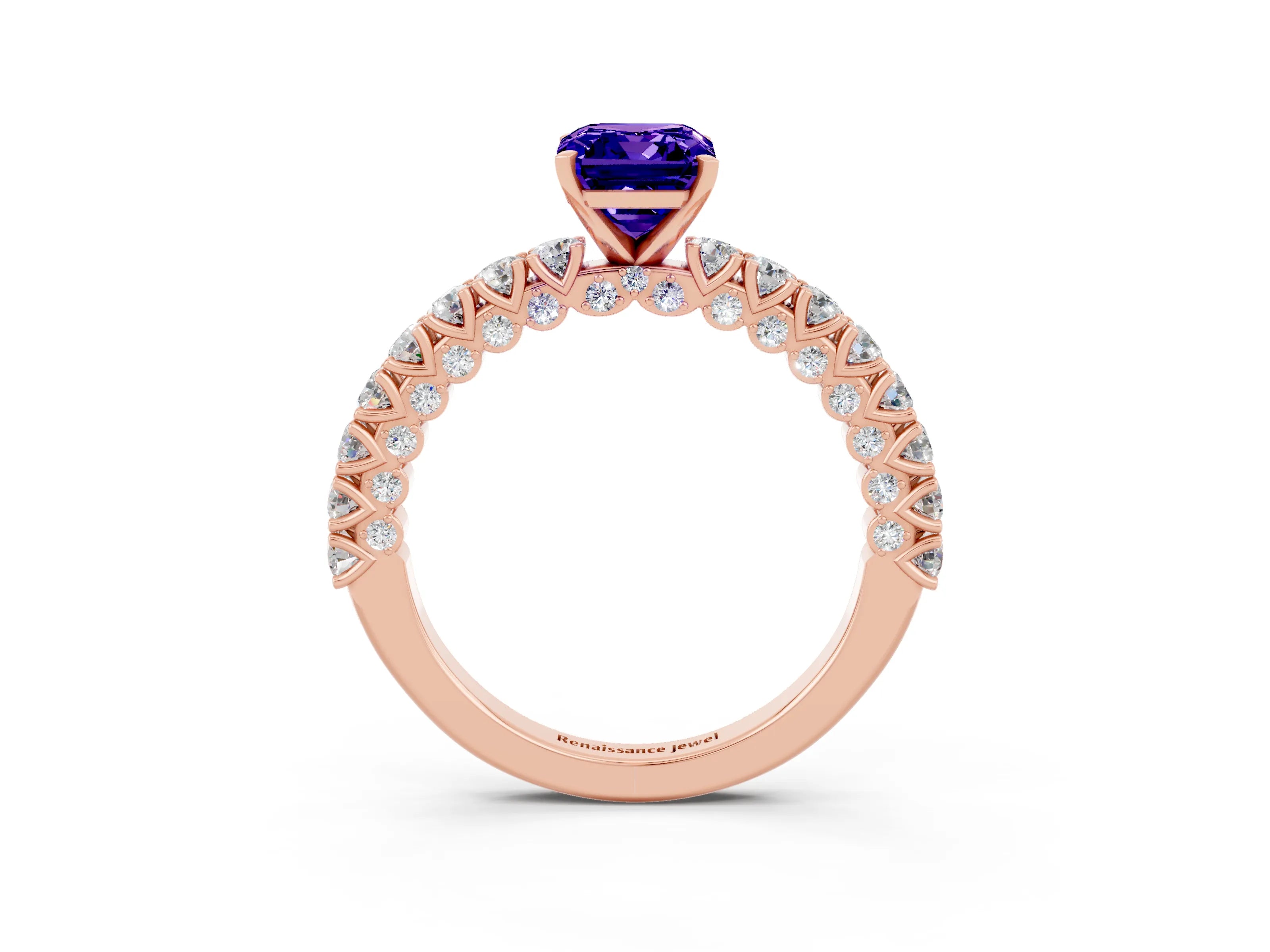 Rose gold Emerald Cut Diamond Pavé Band Solitaire Ring with Prong Setting_3
