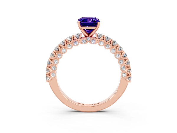 Rose gold Emerald Cut Diamond Pavé Band Solitaire Ring with Prong Setting