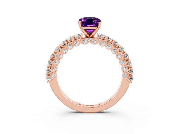 Rose gold Emerald Cut Amethyst Solitaire Ring with Round Accent Pavé Band and Prong Setting