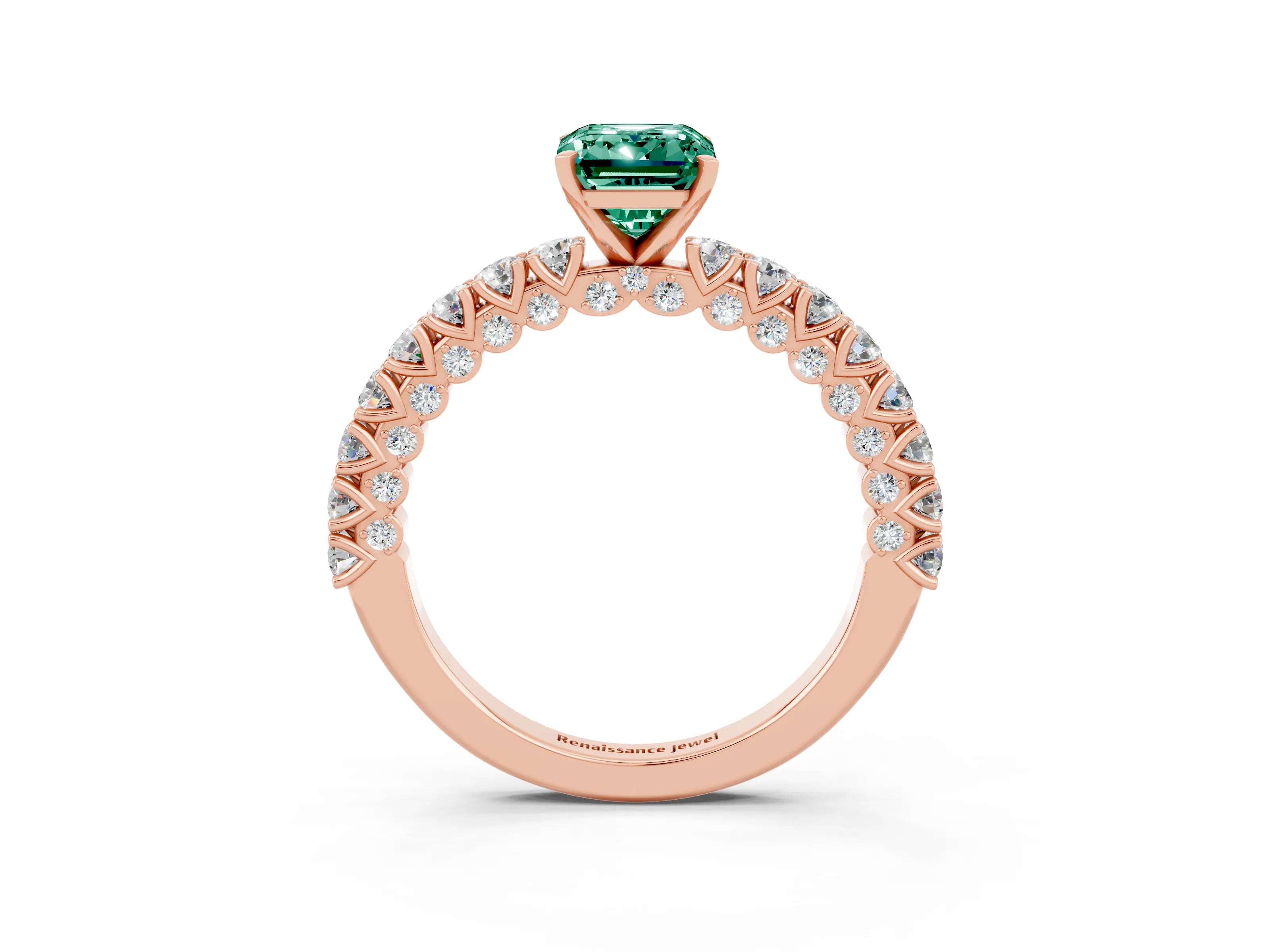 Rose gold Emerald Cut Diamond Pavé Band Solitaire Ring with Prong Setting_3
