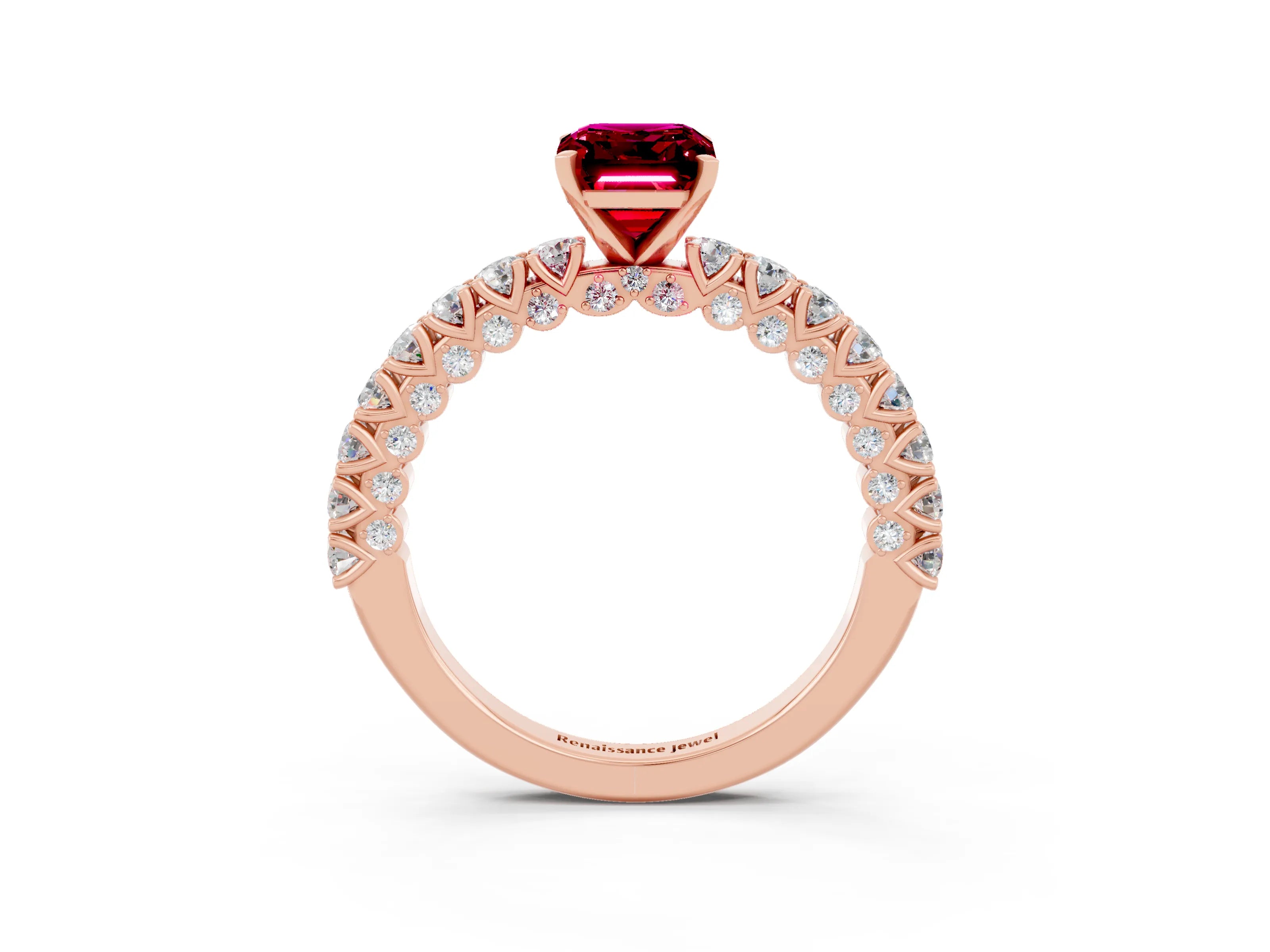 Rose gold Emerald Cut Diamond Pavé Band Solitaire Ring with Prong Setting_3