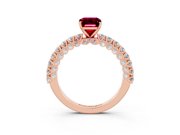 Rose gold Emerald Cut Diamond Pavé Band Solitaire Ring with Prong Setting